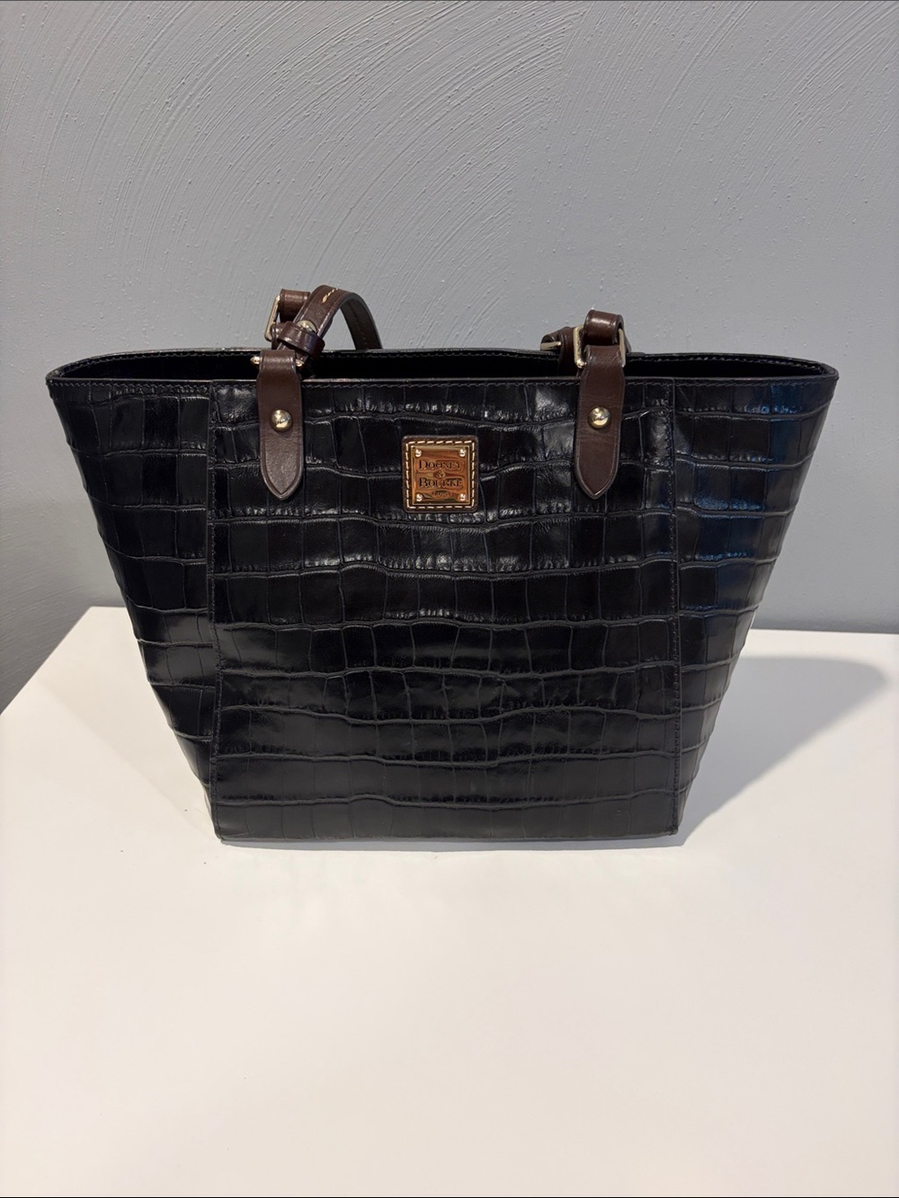 Dooney & Bourke Black Croc-Embossed Leather Tote with Brown Trim